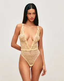 Body tanga en dentelle avec bananes brodées