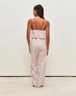 Pantalon en popeline de coton à imprimé fraises, fleurs et coccinelles