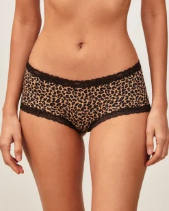 Shorty en microfibre et dentelle imprimé léopard
