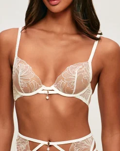 Soutien-gorge corbeille en mesh avec broderies florales et pendentif perle