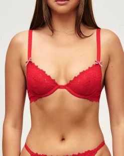 Soutien-gorge en dentelle florale et noeud vichy rouge et blanc