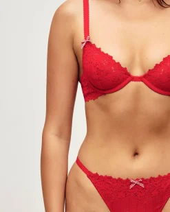 Soutien-gorge en dentelle florale et noeud vichy rouge et blanc