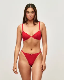 Soutien-gorge en dentelle florale et noeud vichy rouge et blanc